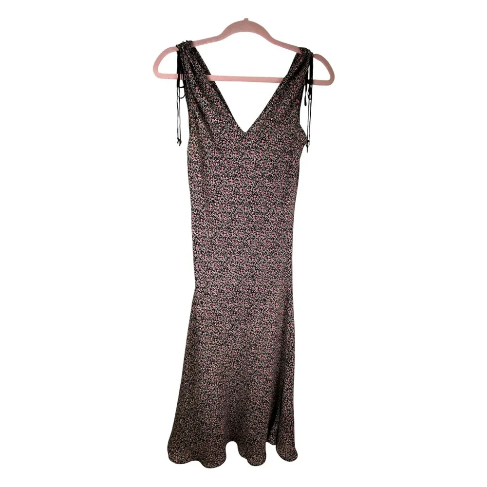 Angie Ditsy Floral Midi Dress Womens Small Black Excellent Tie Shoulder V-Neck